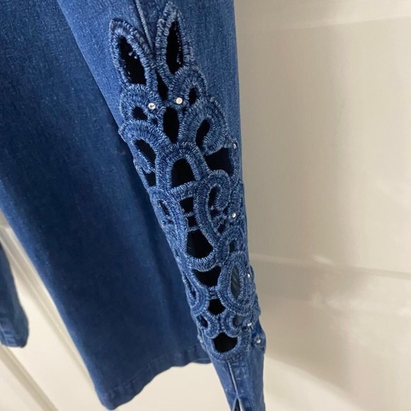 Women's Variation Capris Denim Pants. Blue. Large. Decorated Cutouts Each Side. - Picture 2 of 10